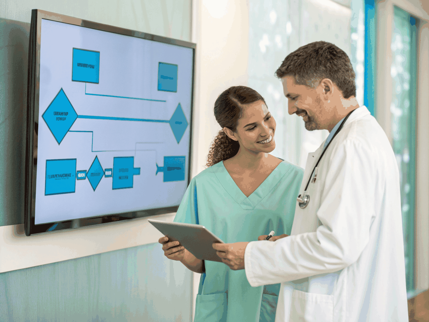 Clinical strategist and nursing supervisor analyzing workflow performance