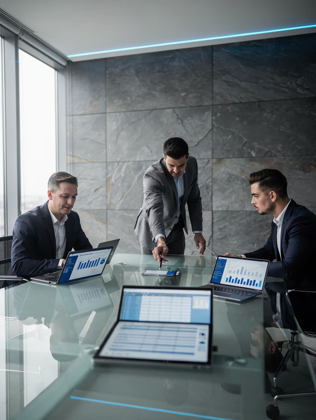 Senior healthcare consultants reviewing clinical workflow models in a conference room