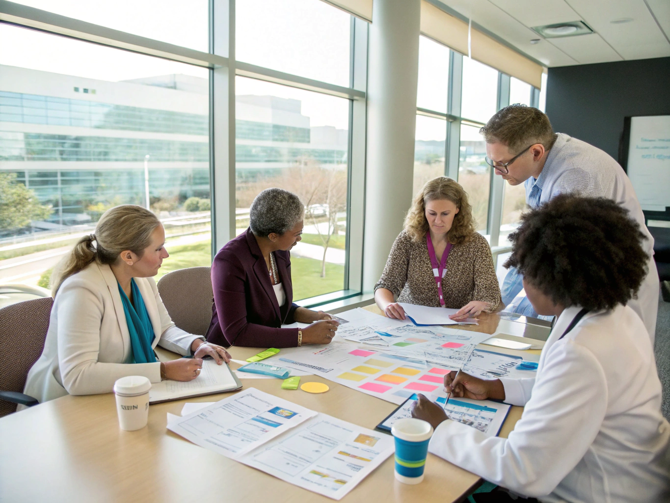 Healthcare leadership team reviewing strategic roadmaps in modern meeting room